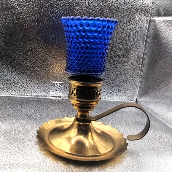 Pair of Vintage Brass Candlestick Holders & Blue Hobnail Glass Hurricane Shades - Picture 10 of 12
